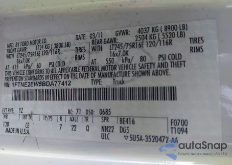 2011 Ford E-250 Commercial from USA, damaged, VIN 1FTNE2EW5BDA77412